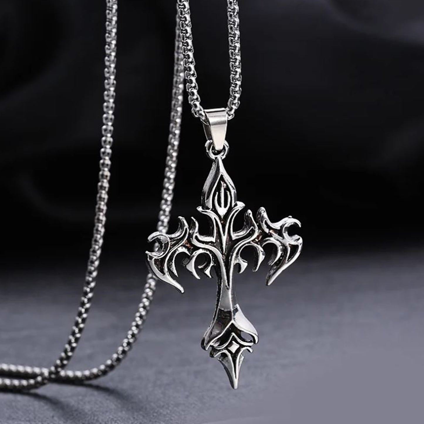 Gothic Vintage Flame Cross Pendant Necklace