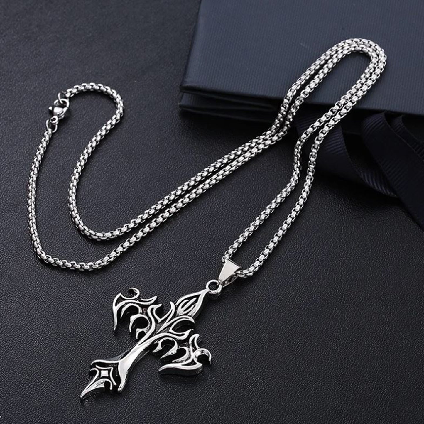 Gothic Vintage Flame Cross Pendant Necklace
