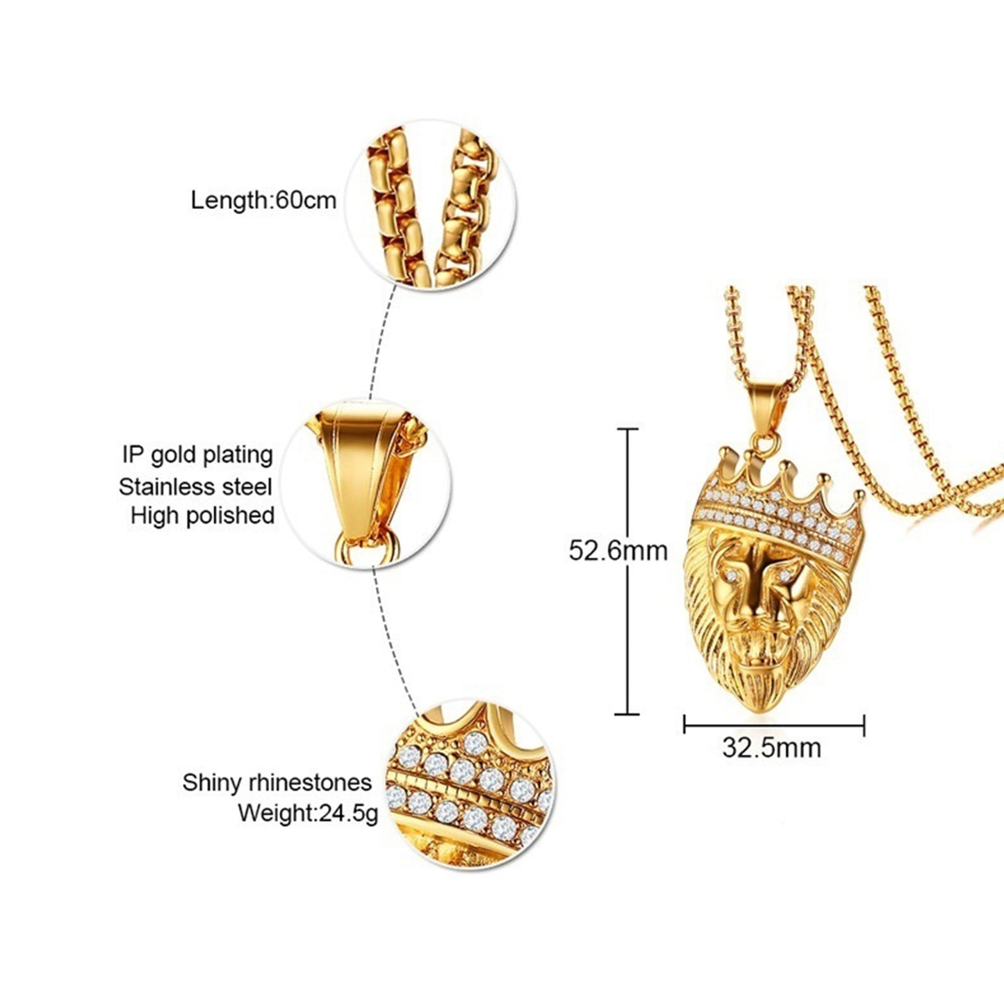 Punk Lion Head Necklace Pendant Ring Set, Gold