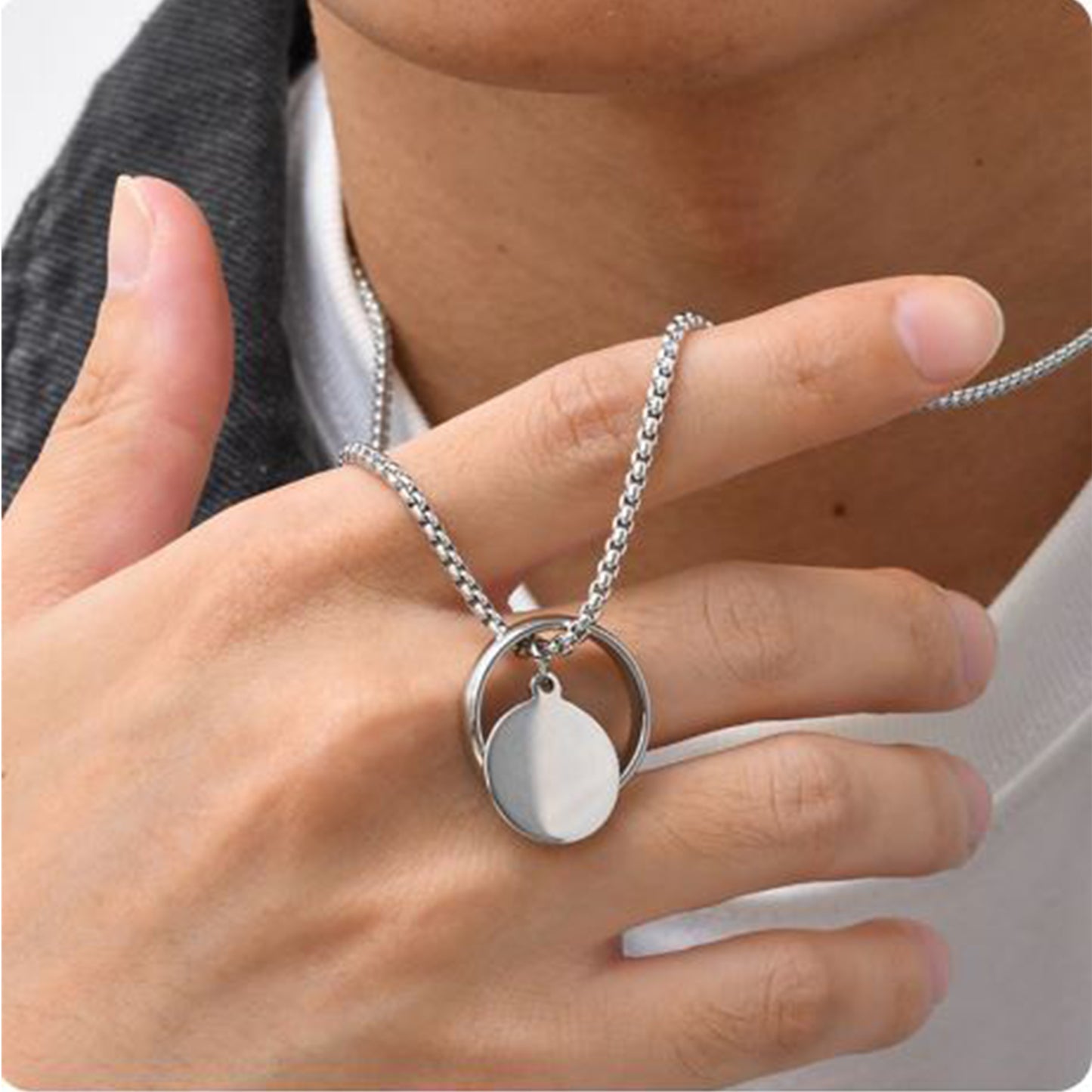 Stainless Steel Ring Custom Round Pendant Necklaces, Silver