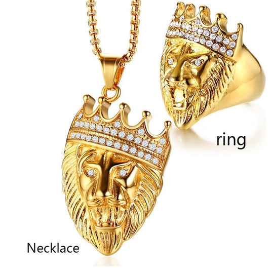 Punk Lion Head Necklace Pendant Ring Set, Gold